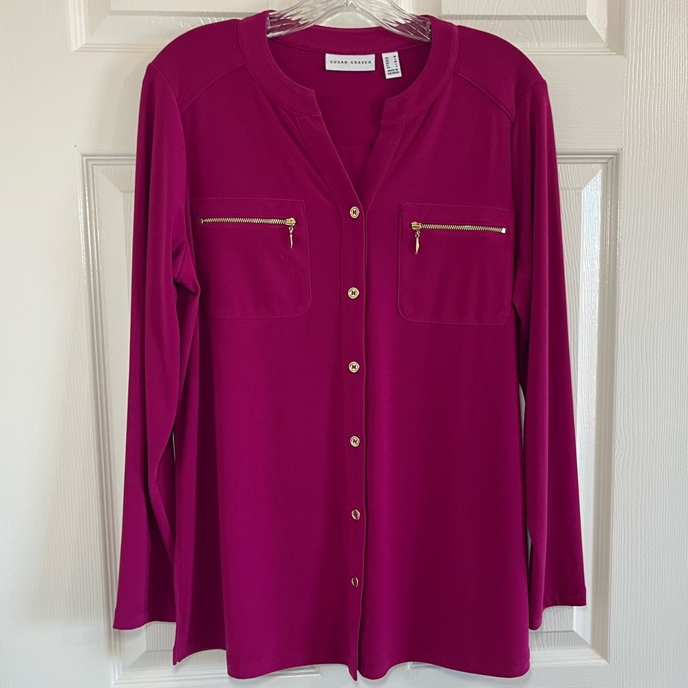 Susan Graver Pink Magenta Button Up Long Sleeve Blouse Size Medium